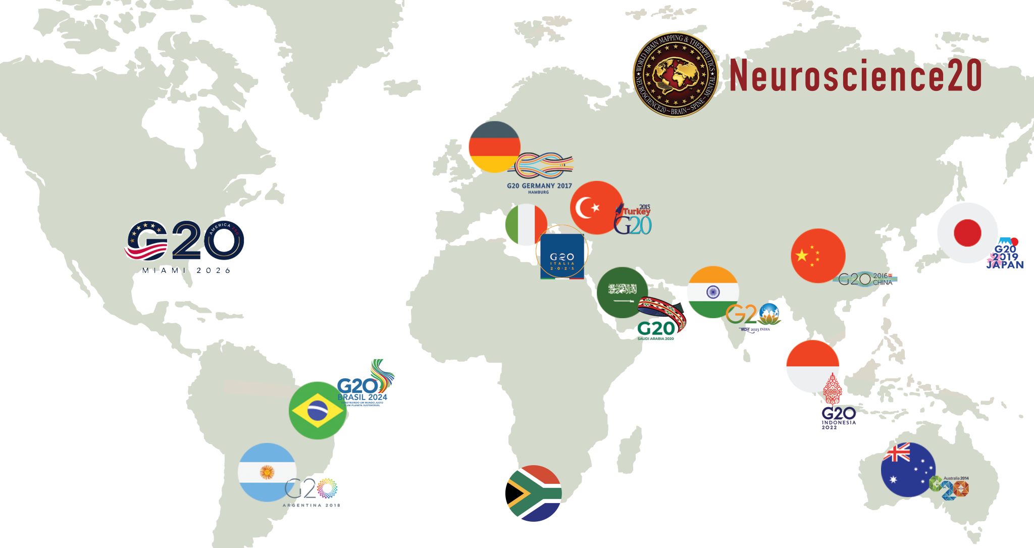 World map showing every country that has hosted a Neuroscience20 summit alongside the G20