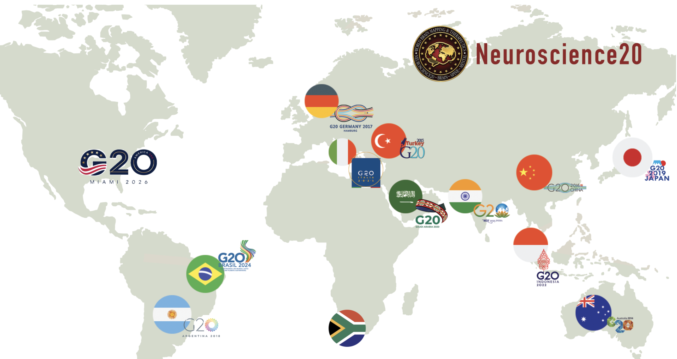 World map showing Neuroscience20 host locations from Brisbane 2014 to Miami 2026